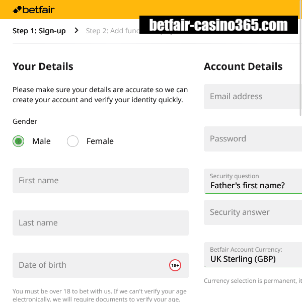 Betfair Casino signup form